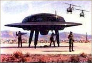 UFO being guarded by special forces, while mysterious black helicopters hover nearby.